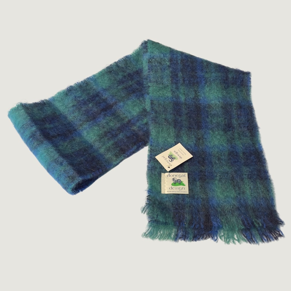 Donegal Design Scarf Blue Teal Plaid Mohair Wool Ireland NWT